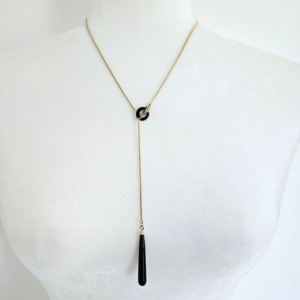 Liz Claiborne Necklace Goldtone Y Drop Chain Black Teardrop Pendant Modern Sleek